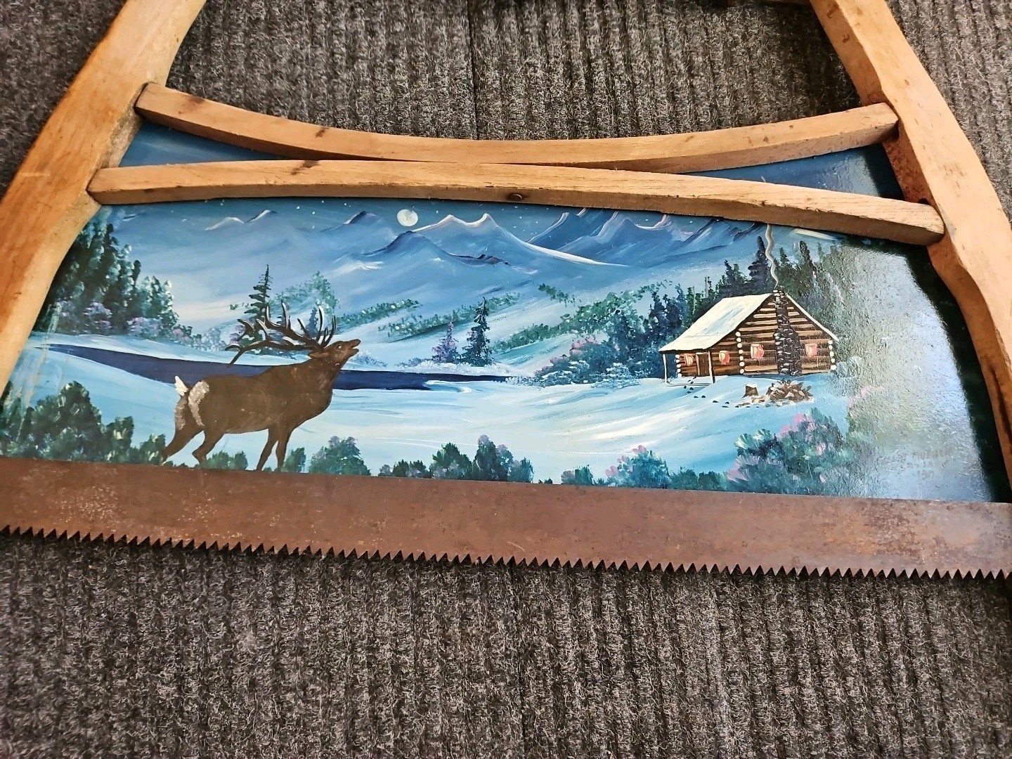 Hand Painted Bow Saw Blade Cross Cut CABIN BUCK DEER Mountains Primitive 38×26