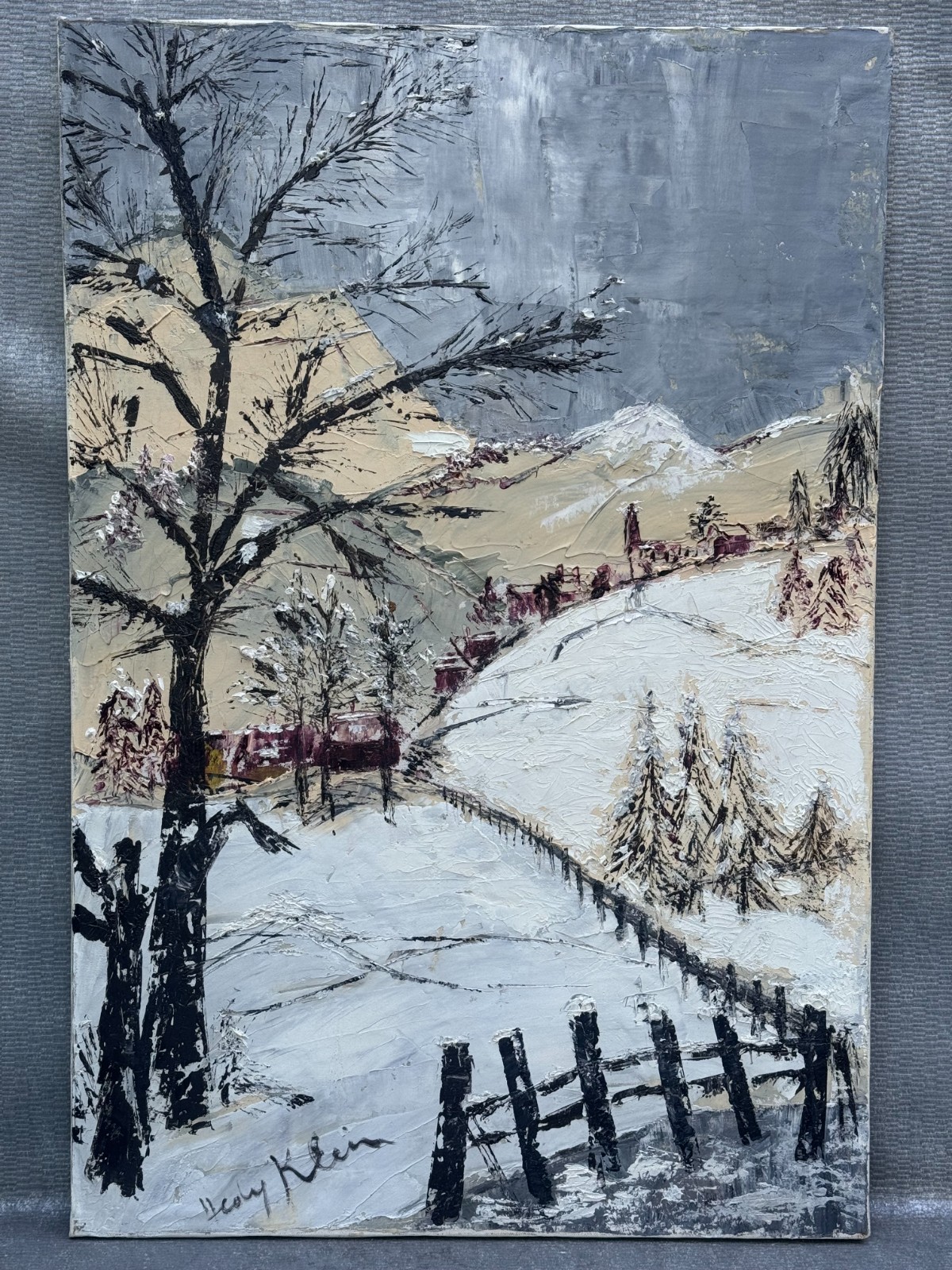 H. KLEIN SIGNED OIL PAINTING WINTER VILLAGE LANDSCAPE HEDLEY HALEY (ILLEGIBLE)