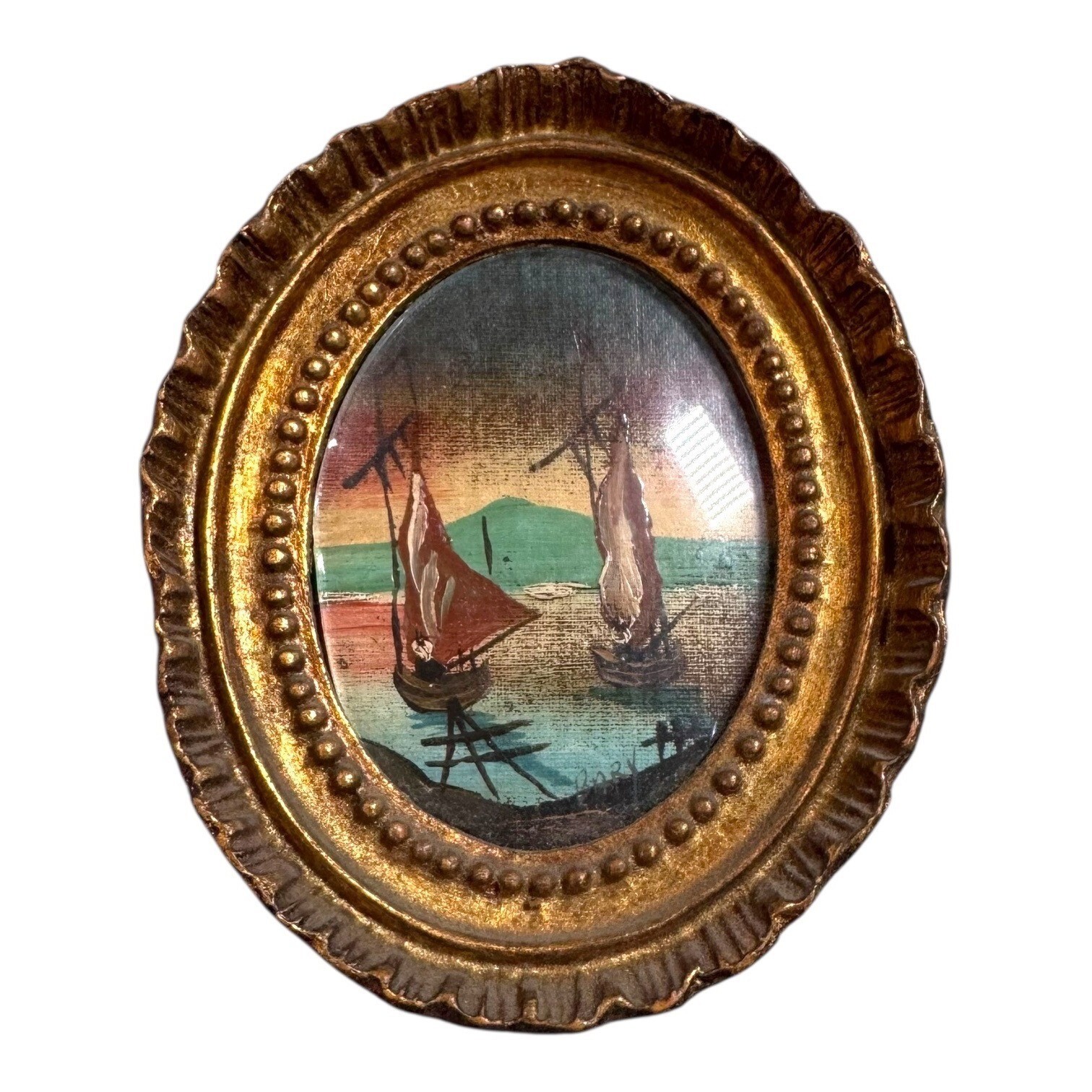 Vtg Gold Oval Framed Miniature Nautical Painting Sailboats & Ocean Scene Signed