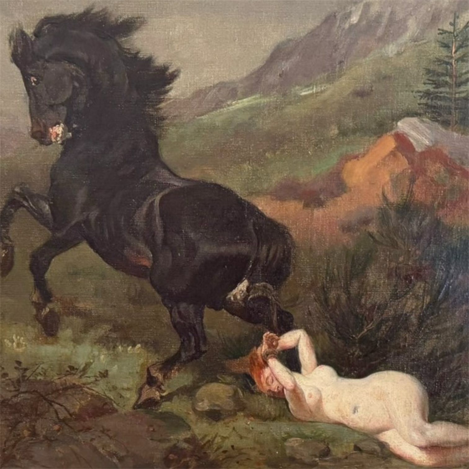 Antique Painting Oil Canvas Woman Frame Wood Nude Horse Decor Queen Brunehaut