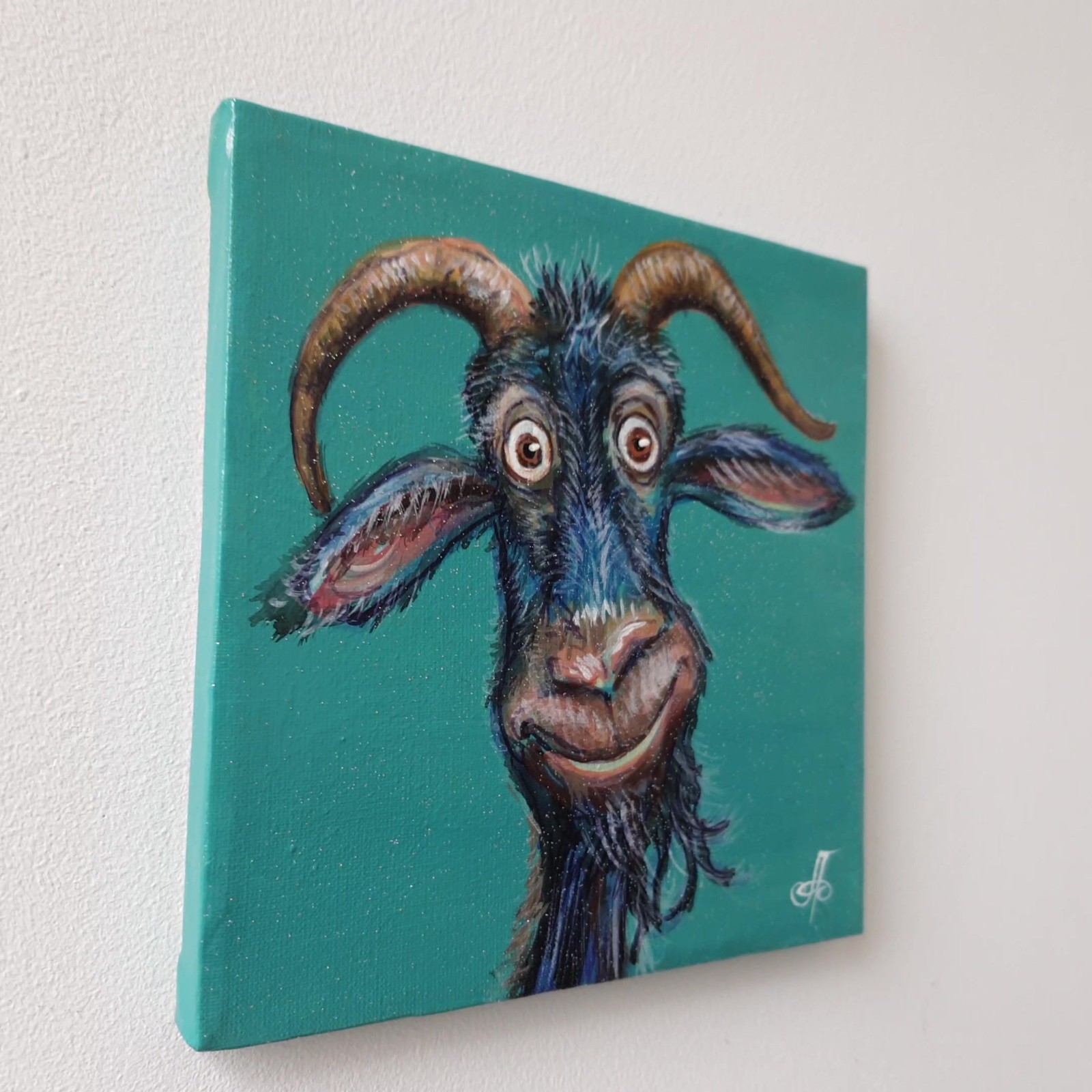 Original Acrylic Painting Funny Blue Goat Horns Smirk Small Hand Painted Canvas