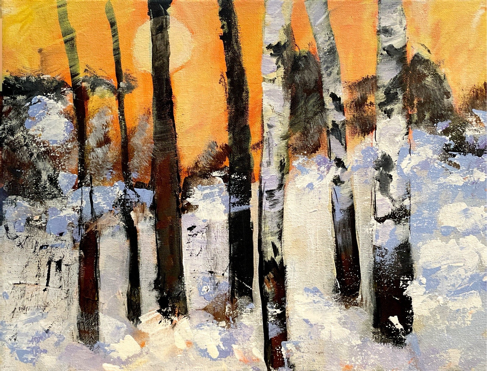 Mary Myers Original • Winter Birch Trees at Sunset • 11×14 Canvas