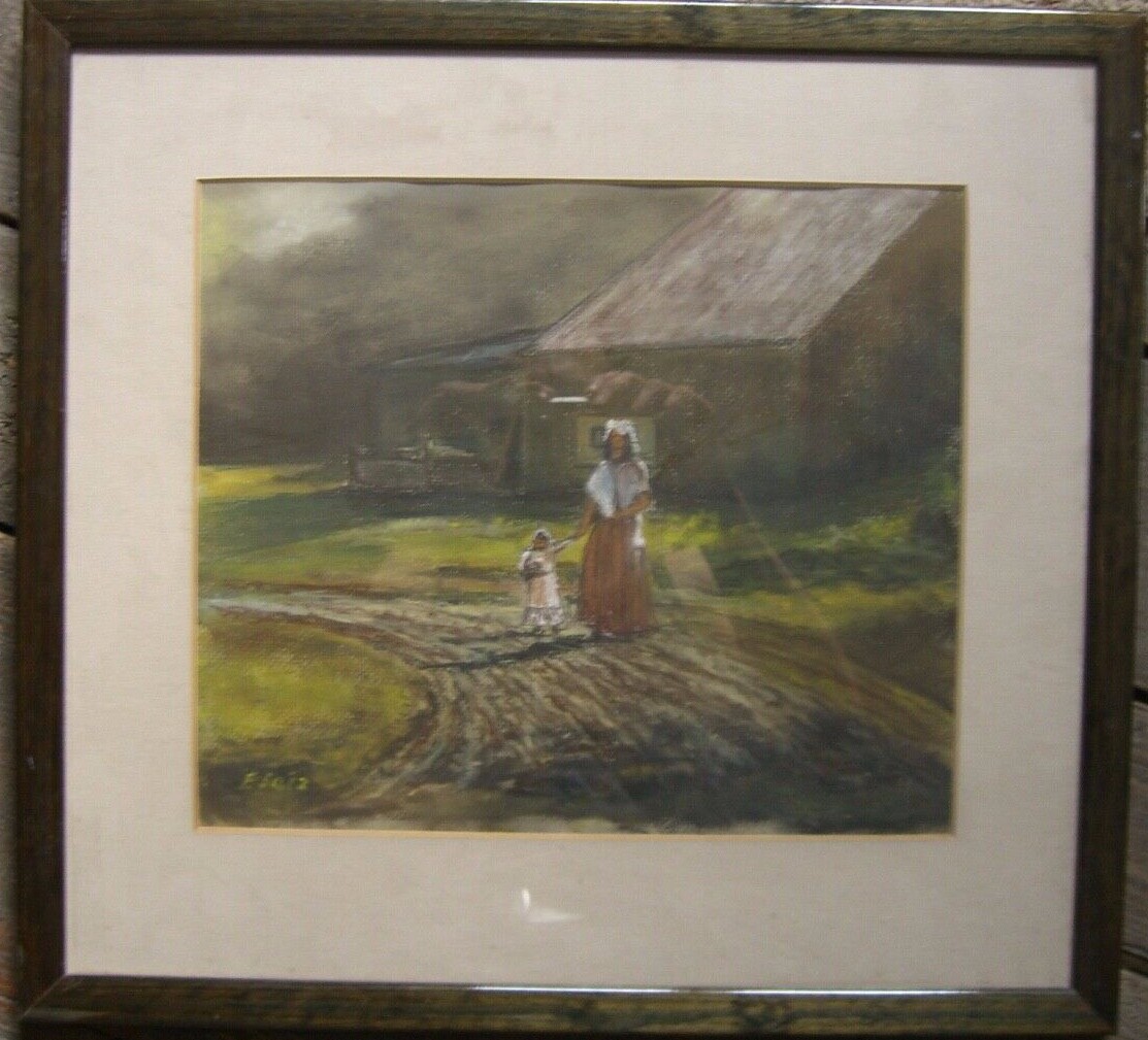 Pastell-Gemälde Woman With Child Farmer’s Wife Daughter Before Cottage on The