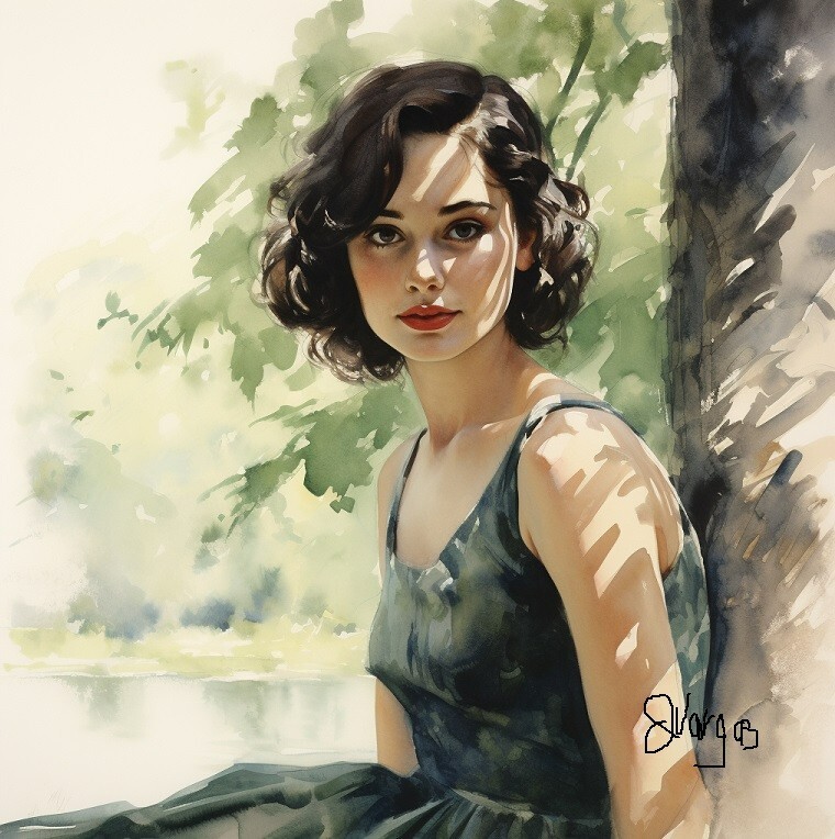 WOMAN PORTRAIT Watercolor Painting Modern ART SIGNED 1950s Style Art Print