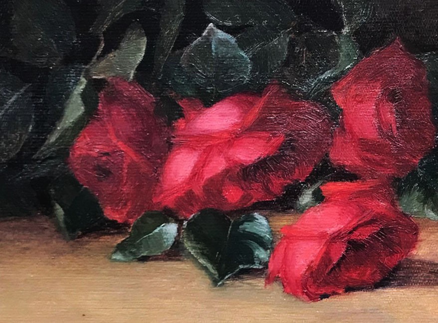 STILL LIFE SALE California Oil SARAH BENDER DEWOLFE ‘Tabletop Roses’ 7.5″ x 17″