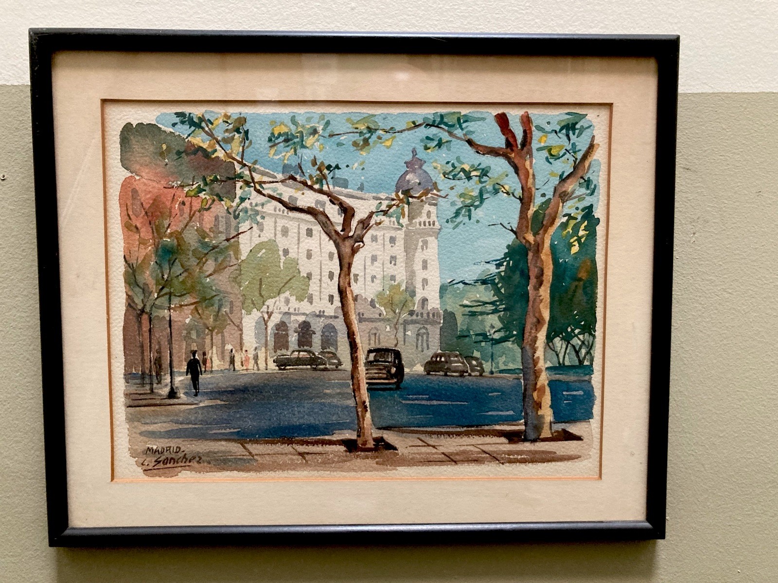 Vintage Watercolor Painting Street Scene In Madrid Spain Signed C. Sanchez Frame