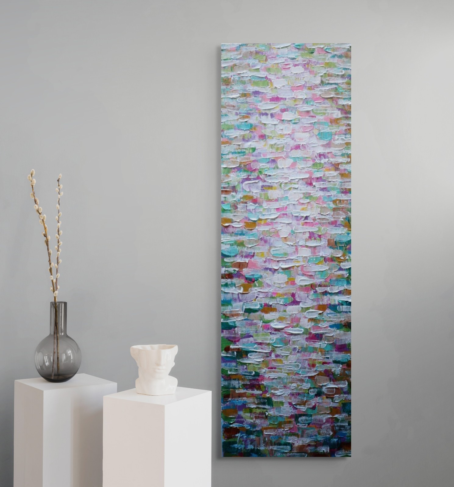 Abstract Coastal Painting 8×24 Textured Pink Blue Green Wall Art Original