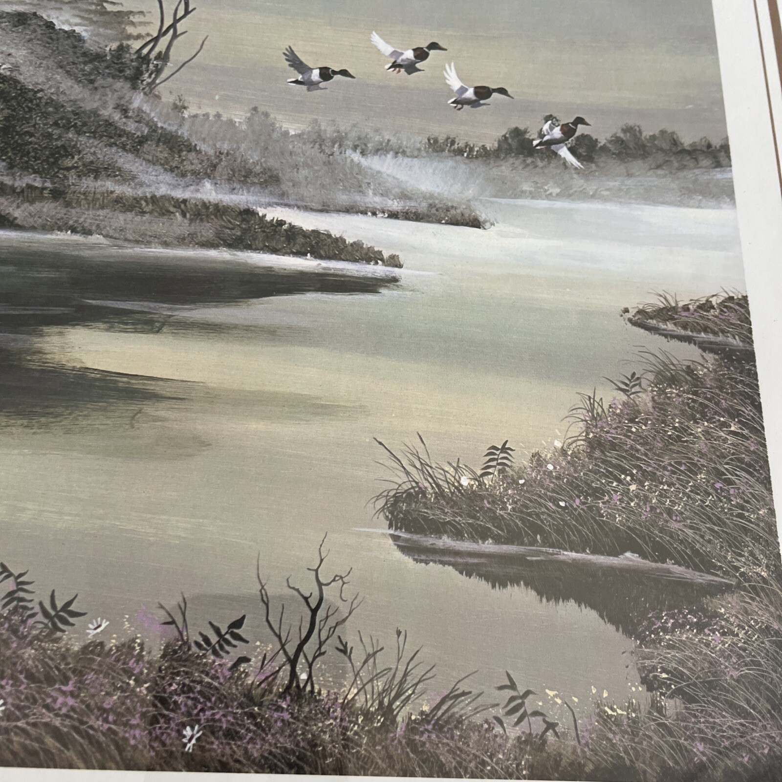 Lakeview Landscape w geese Painting 26″X21.5″ by Ampal Vtg DistresWood Frame