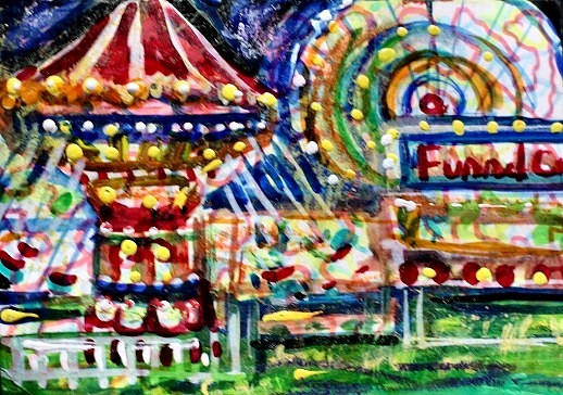 ORIGINAL ACEO Painting CARNIVAL Fair Amusement Park Fireworks Rides Fun ATC ART