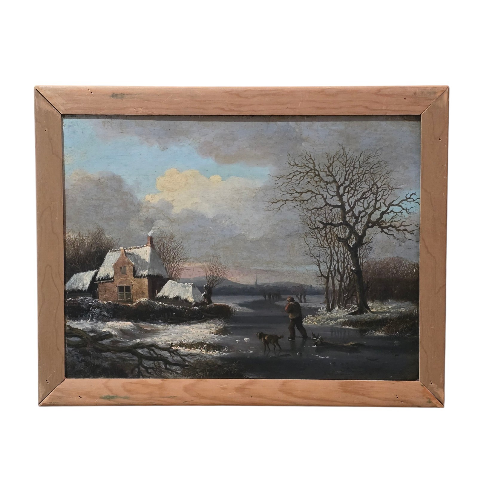 Vintage Winter Scene Oil Painting Framed Dutch Style Landscape Ice Skating