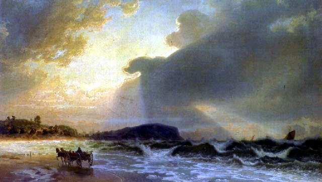 Oil painting Beach of the Baltic Sea seascape with waves and carriage on canvas