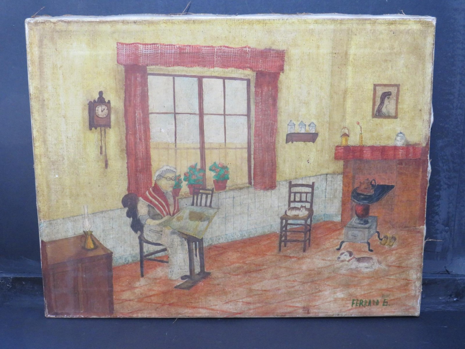 Charming Primitive 1900 Folk Art Oil Brut Outsider Art Sewing Cats & Dogs