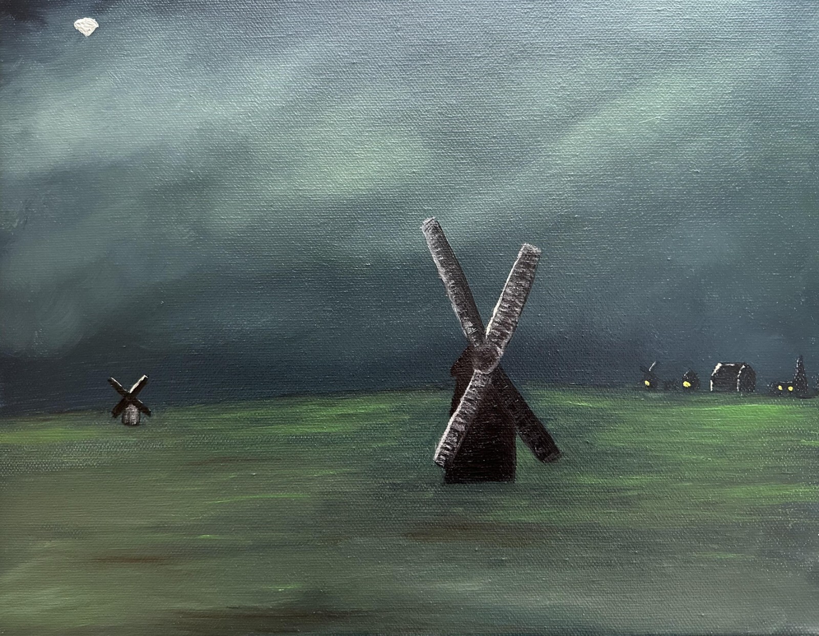 Original Oil Painting on Stretched Canvas, Windmills 14″x11″ Varnished