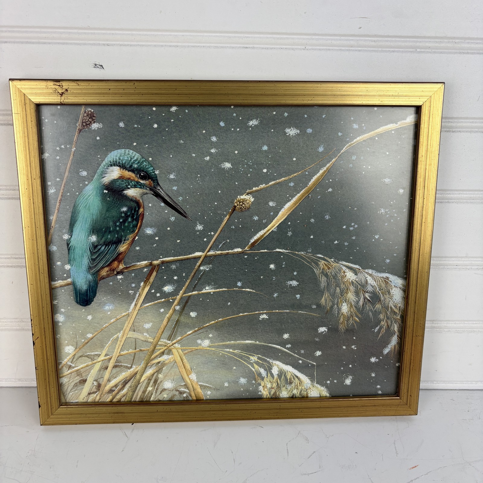 Vintage Kingfisher Bird Print Gold Framed Winter Snowy Reeds Wall Art Decor
