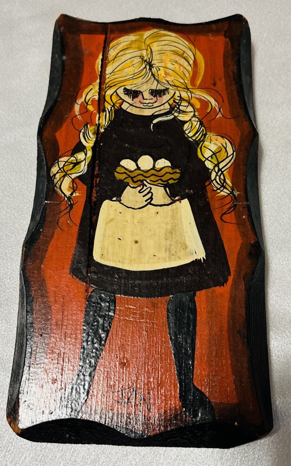 Vintage Jan McPherson 1960’s MCM Original Painting Wood Folk Art Girl Signed!!