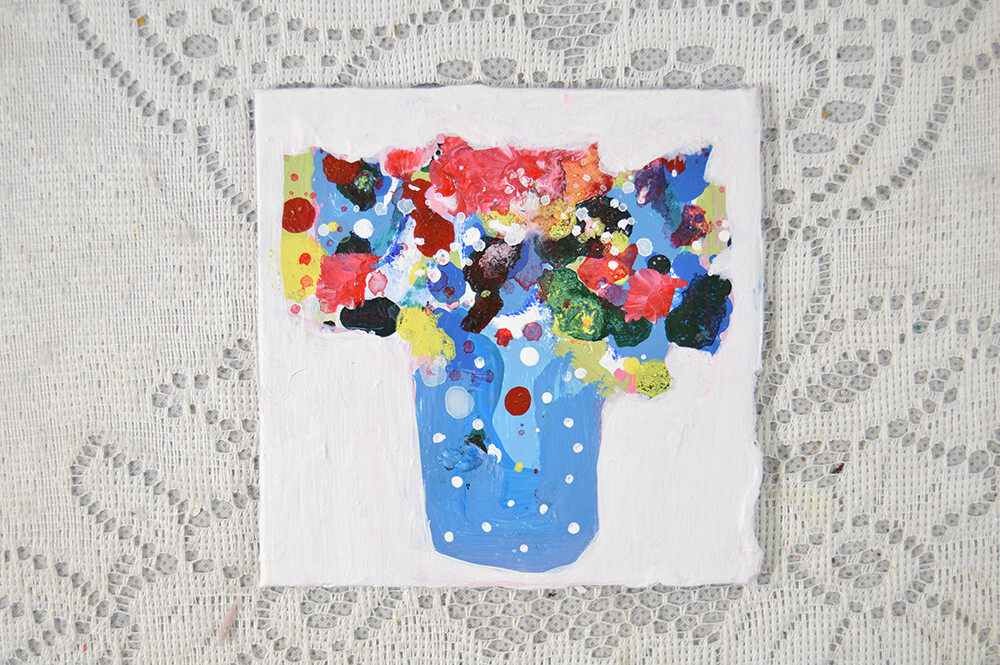 Blue Abstract Flower Painting 4×4 Mini Original Floral Palette Knife Art