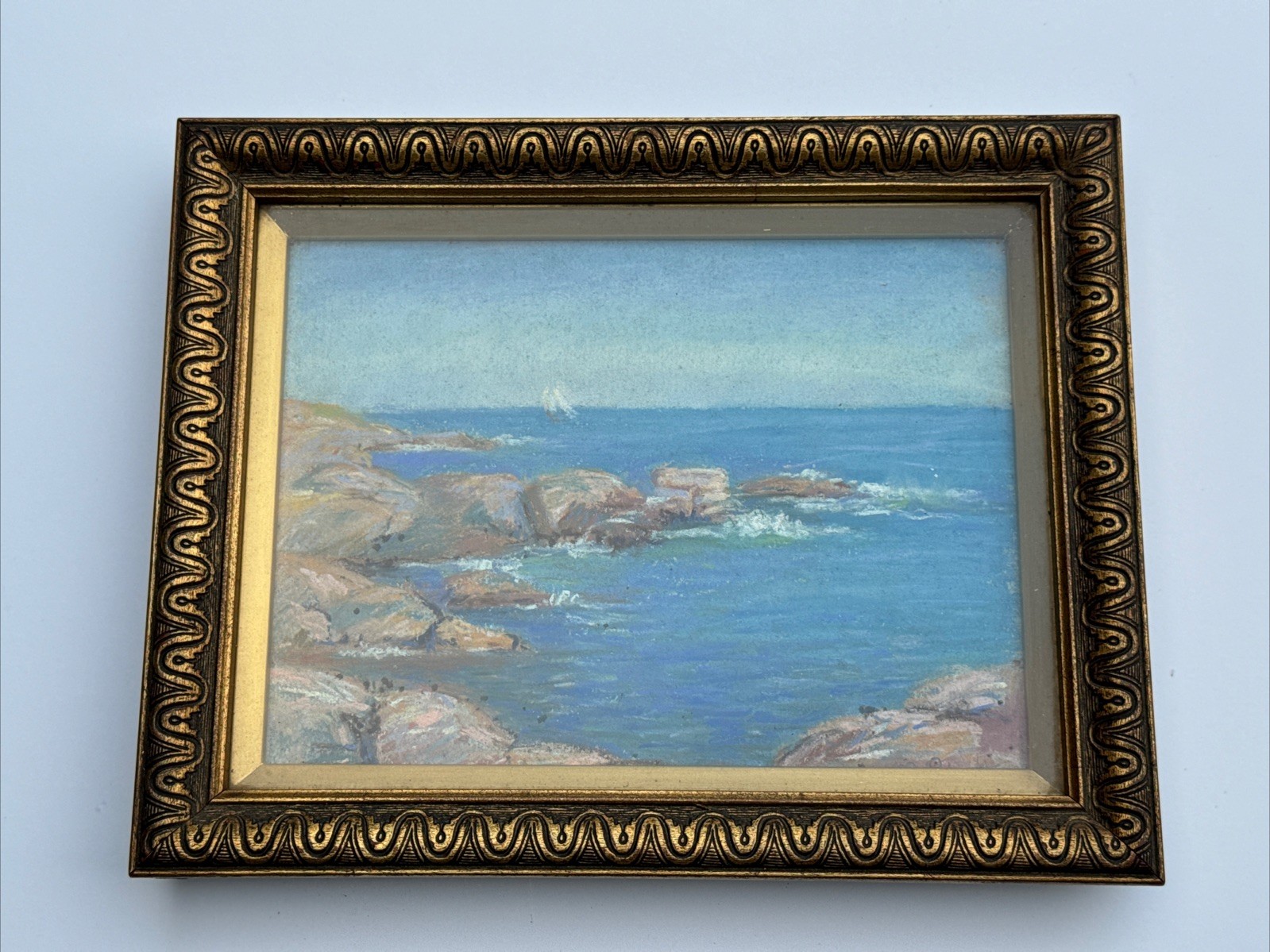 ANTIQUE PAINTING DRAWING BEACH COAST NAUTICAL SEASCAPE SEA SIGNED PALMATEER 1910