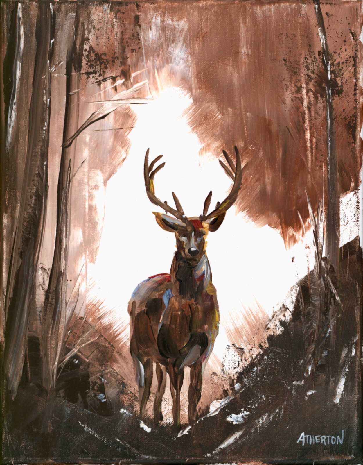 Atherton 11×14 Original Hunting theme Acrylic Painting «Deer in Forest» signed