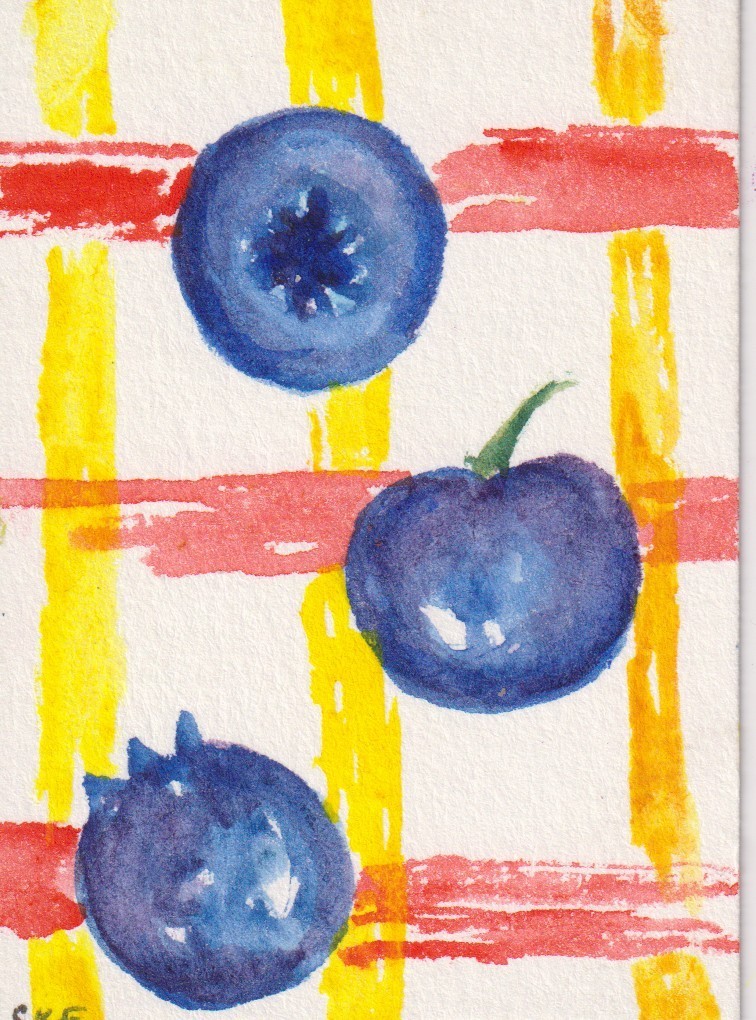 ACEO Blueberries Watercolor Painting on Plaid Tablecloth, Fruit
