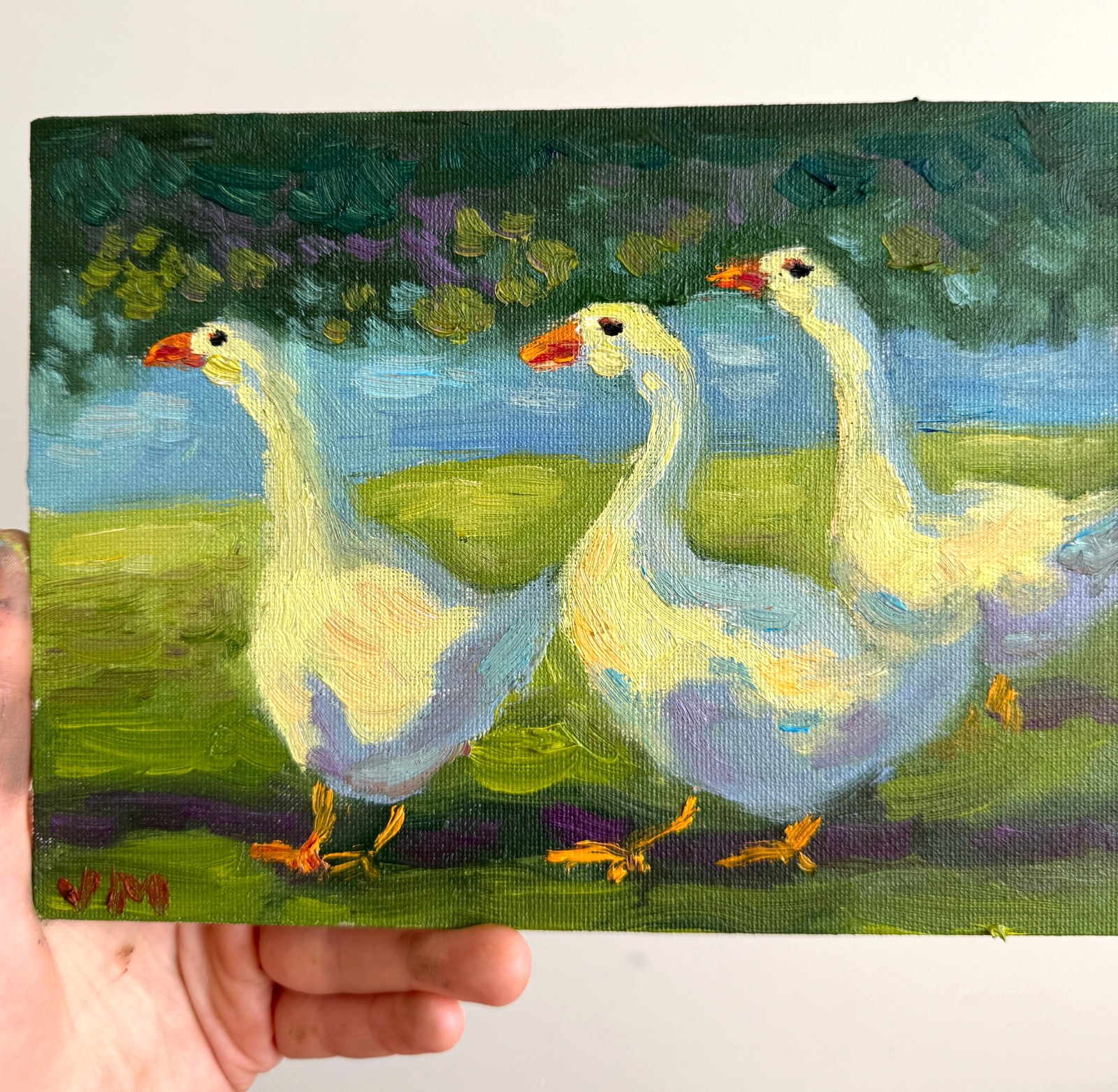 Duck Original Oil Painting Landscape Bird Impressionism Animal Farm Art Signed