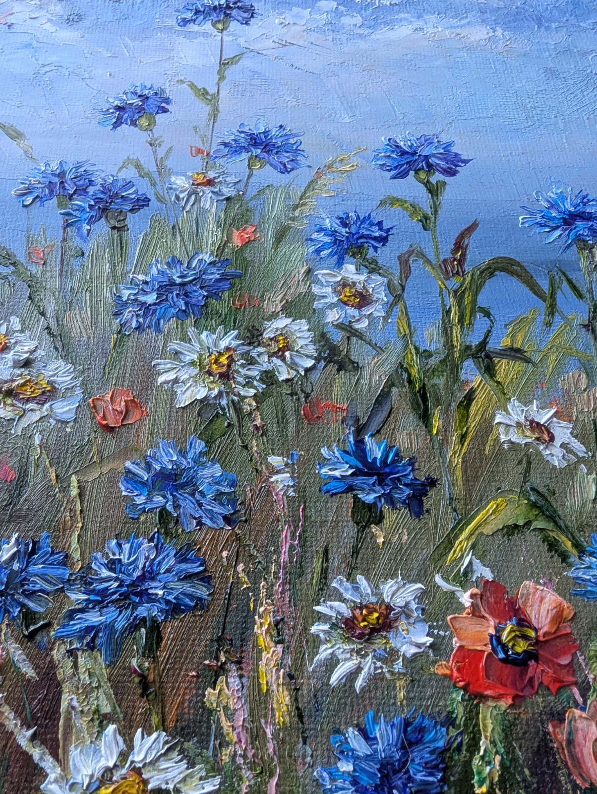 Cornflowers, Daisies, Poppies ORIGINAL OIL Painting WILDFLOWERS impasto 10″x 8″