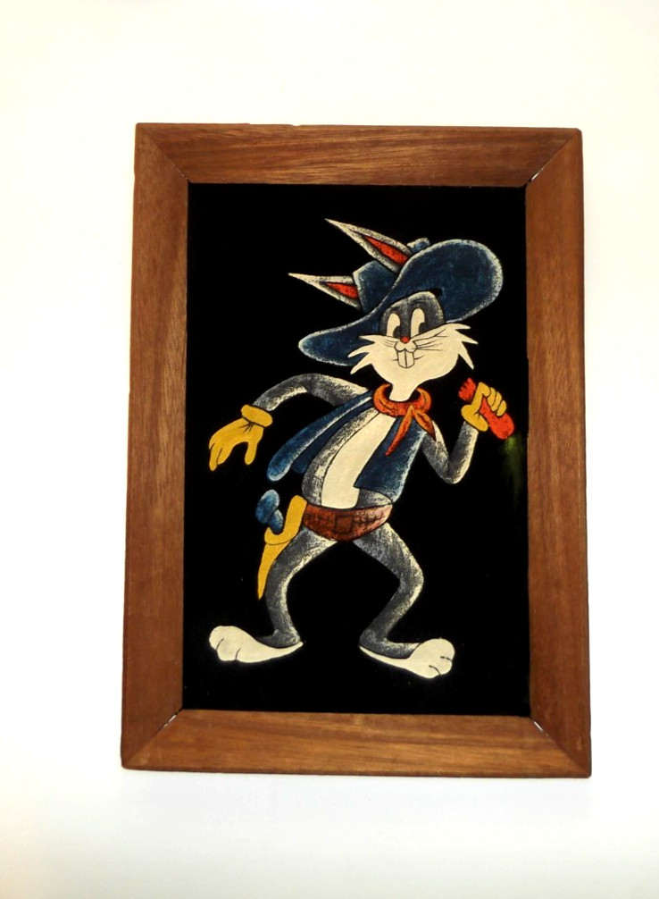 Vintage 1970’s Bugs Bunny Cowboy Black Velvet Oil Painting 16″ x 11.5″