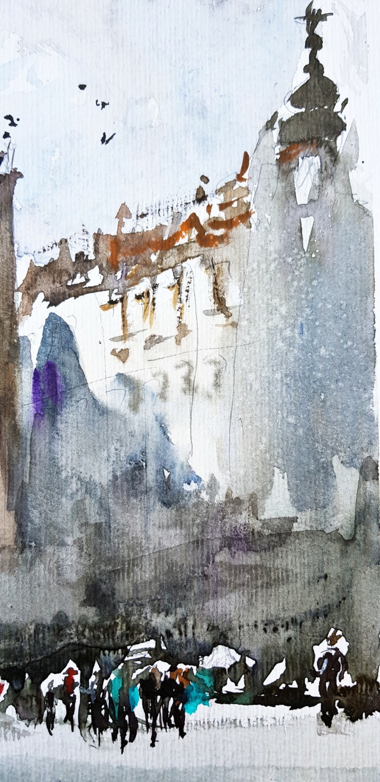 Original Watercolour Watercolour Mediterranean Houses People Street Sun Mood