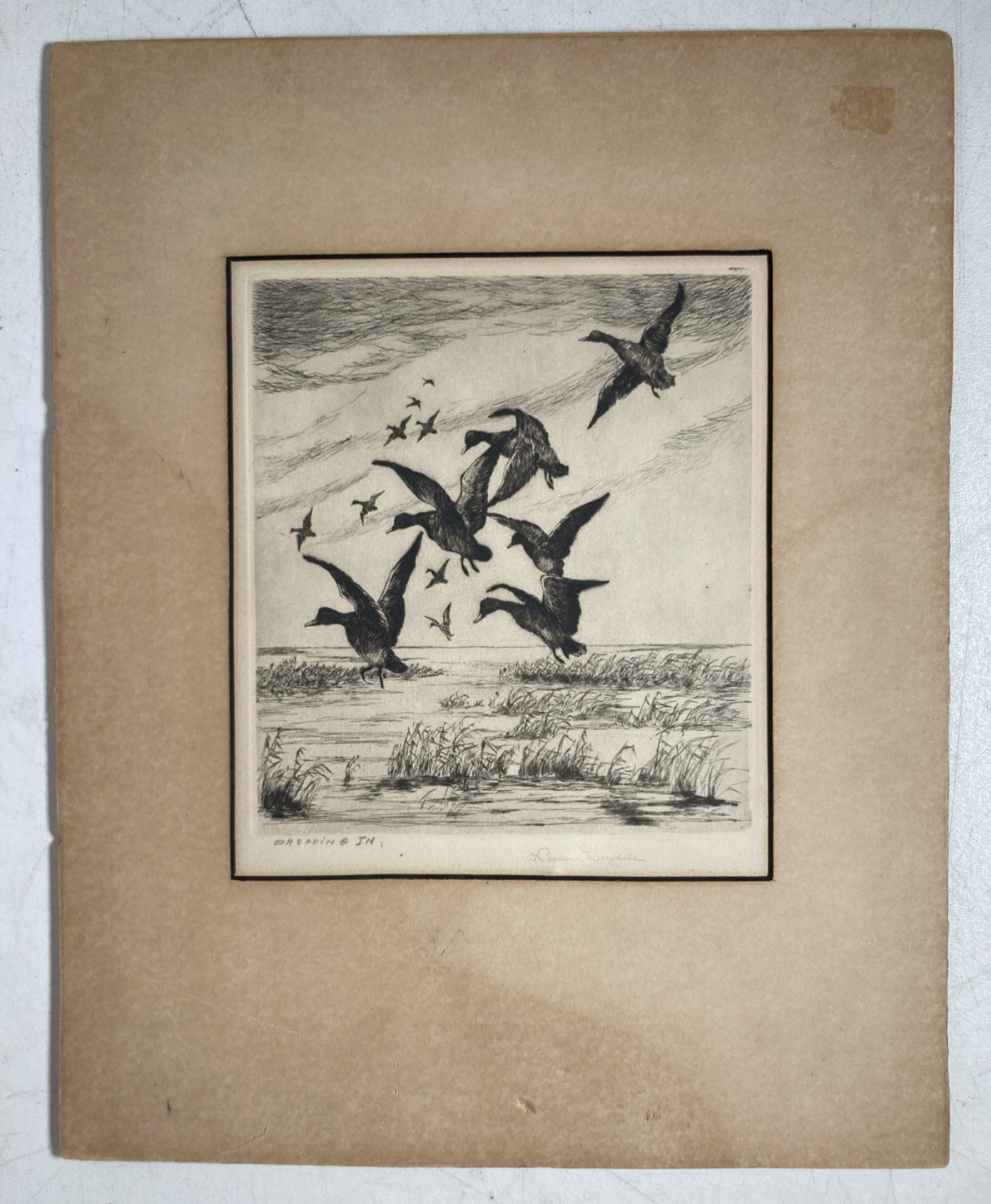 Vintage Original Plein Air Etching Mallard Ducks Dropping In Landscape Signed