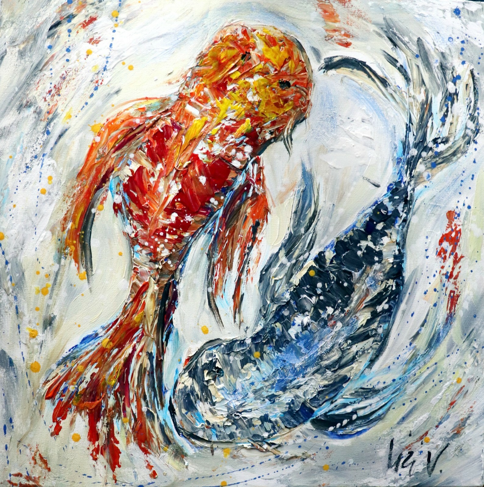 Original Koi Fish Painting 24×24 Textured Impasto Modern Abstract Wall Art