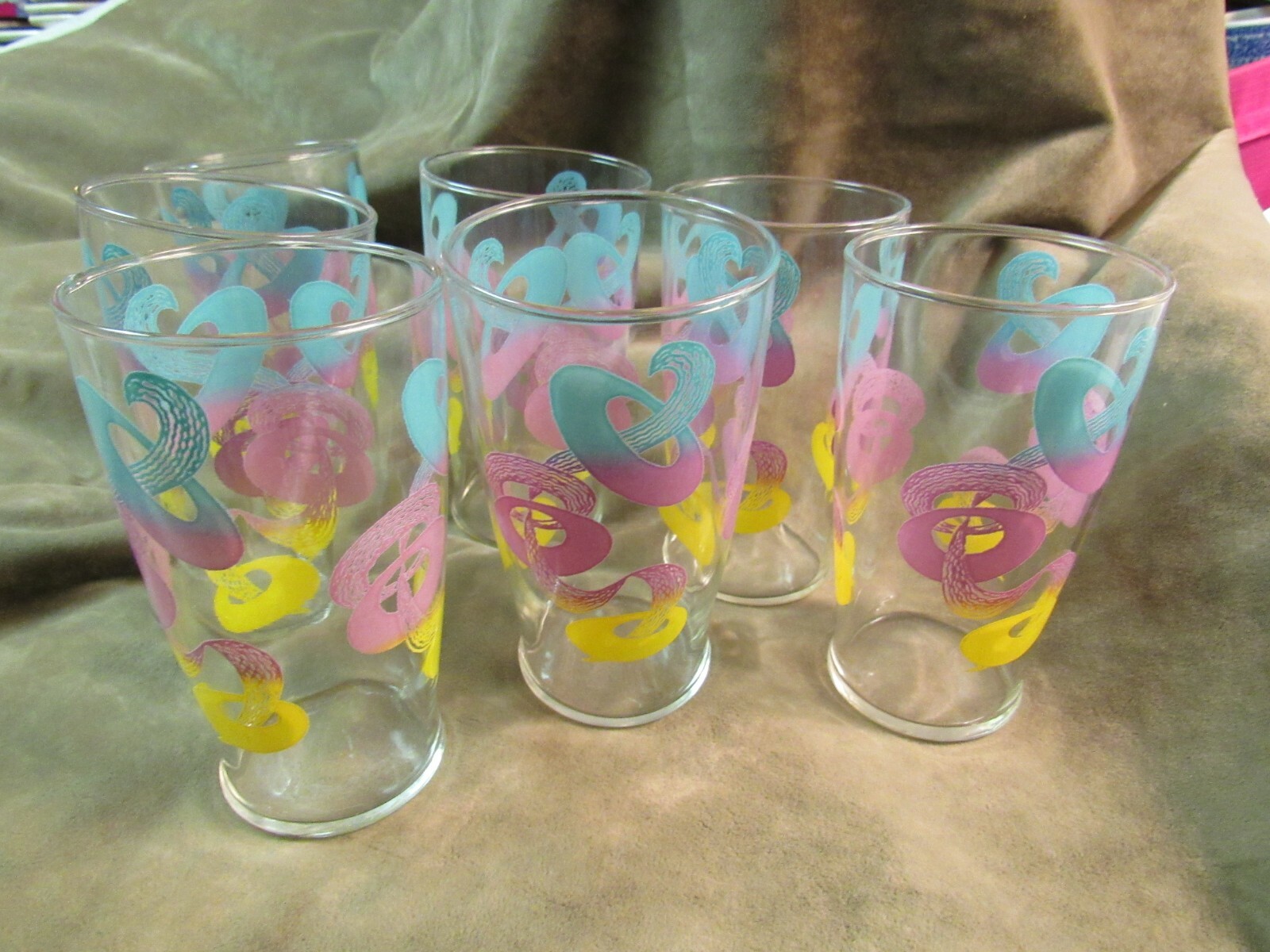 Circa 1950s Mid Century Decorated Glass Tumbler Lot Geometric Blue Purple Yellow