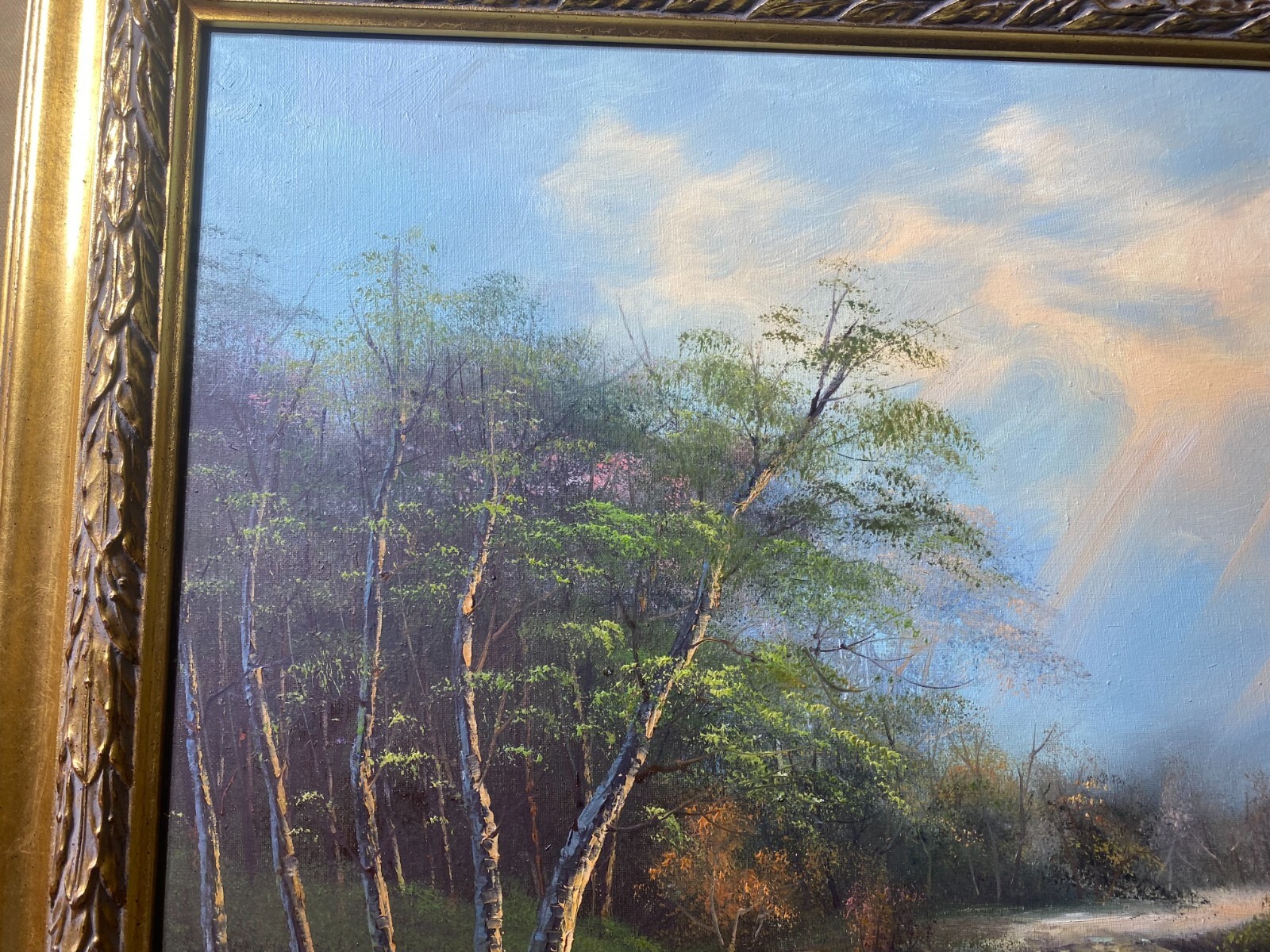 «River And Forest Landscape Scene» Oil On Canvas Painting – Framed