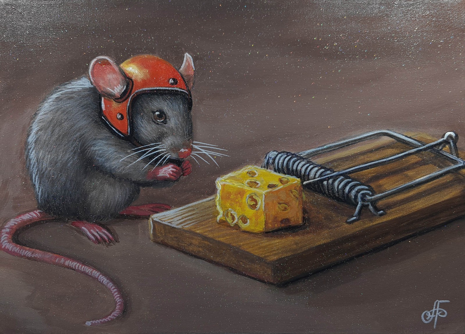 Brave Little Mouse and the Cheese Trap Funny Animal Painting Ukraine Artist