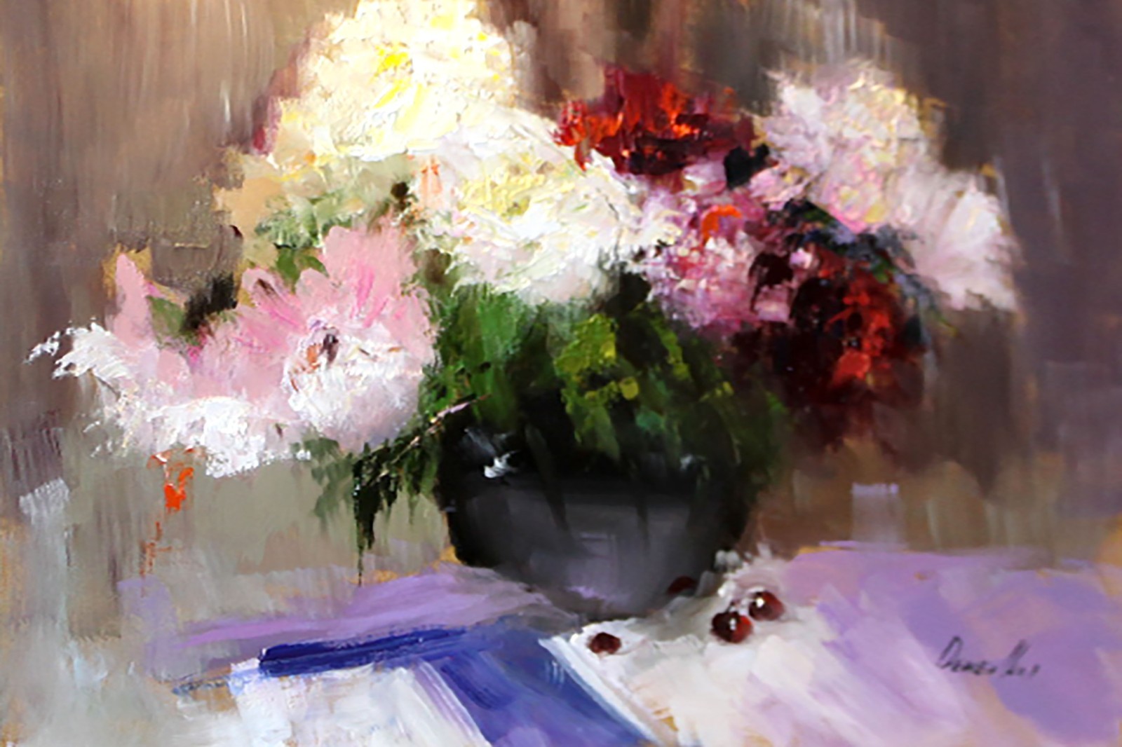 EXOTIC ABSTRACT Flowers white and pink PEONIES Still Life Oil painting 8×12