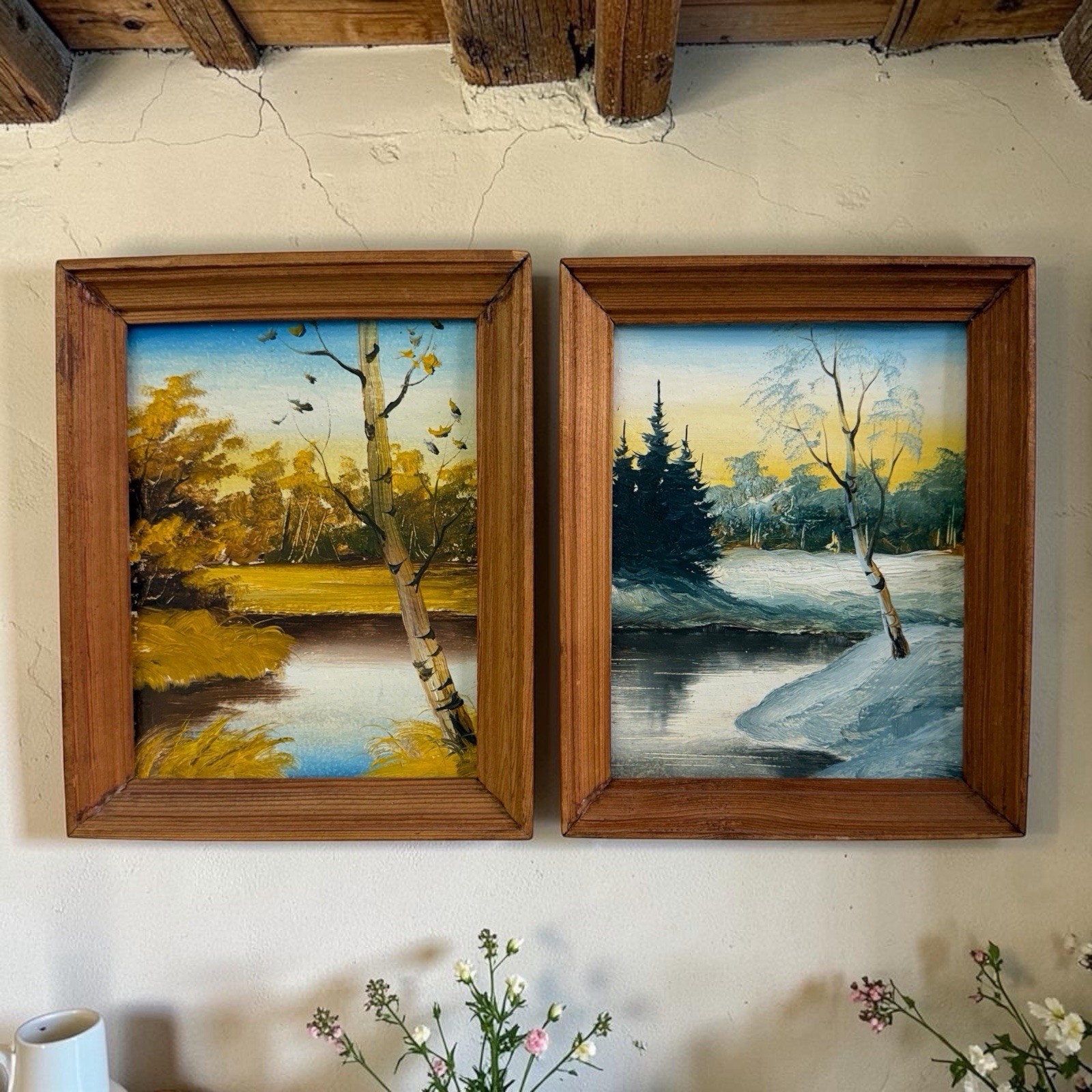 Set Of 2 Original Wood Framed Mini Oil Paintings 6×7 Landscape Autumn & Winter