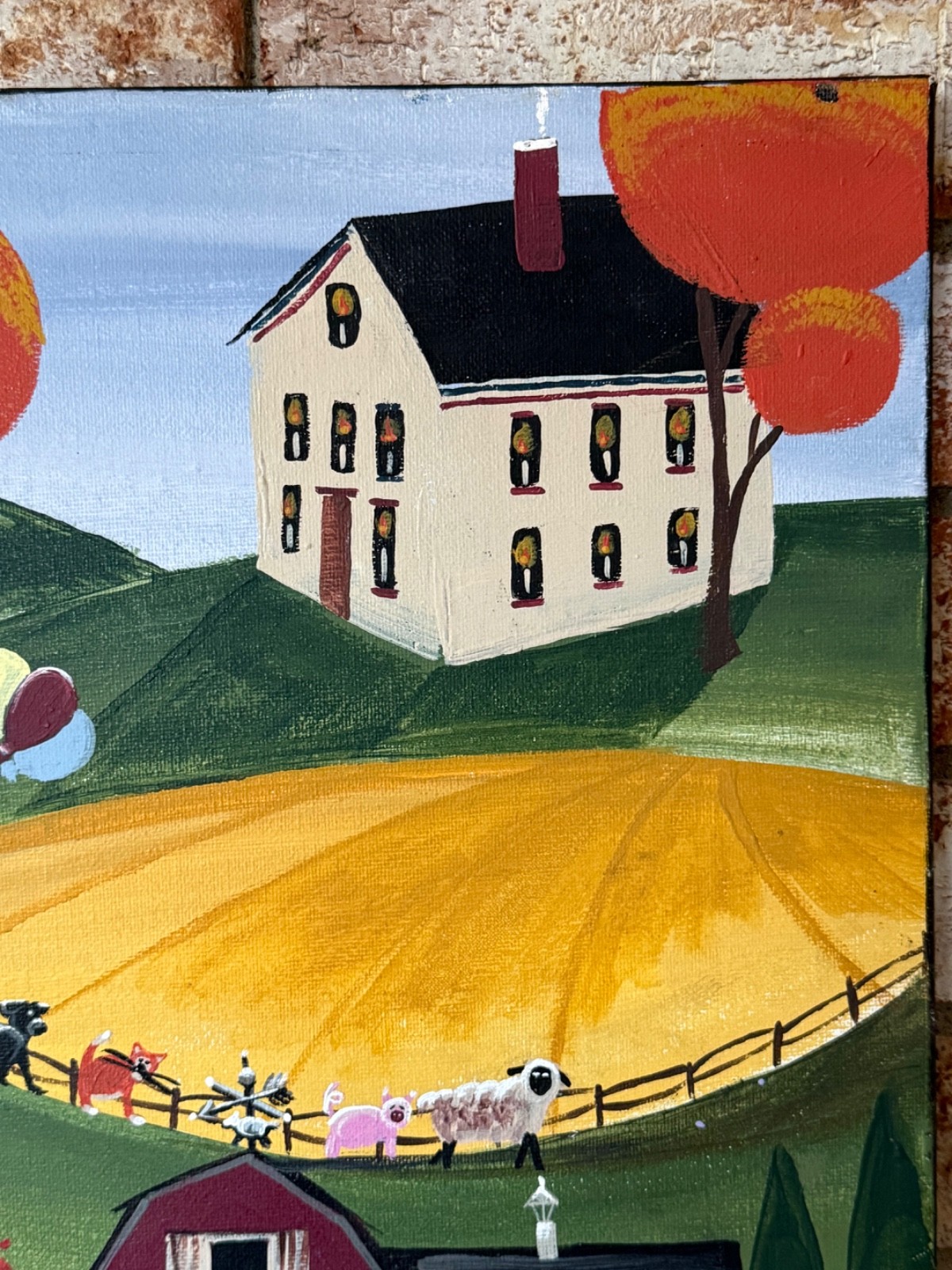 VINTAGE NAIVE PAINTING AMERICAN FOLK ART RURAL FARM COUNTRY SCENE ORIGINAL