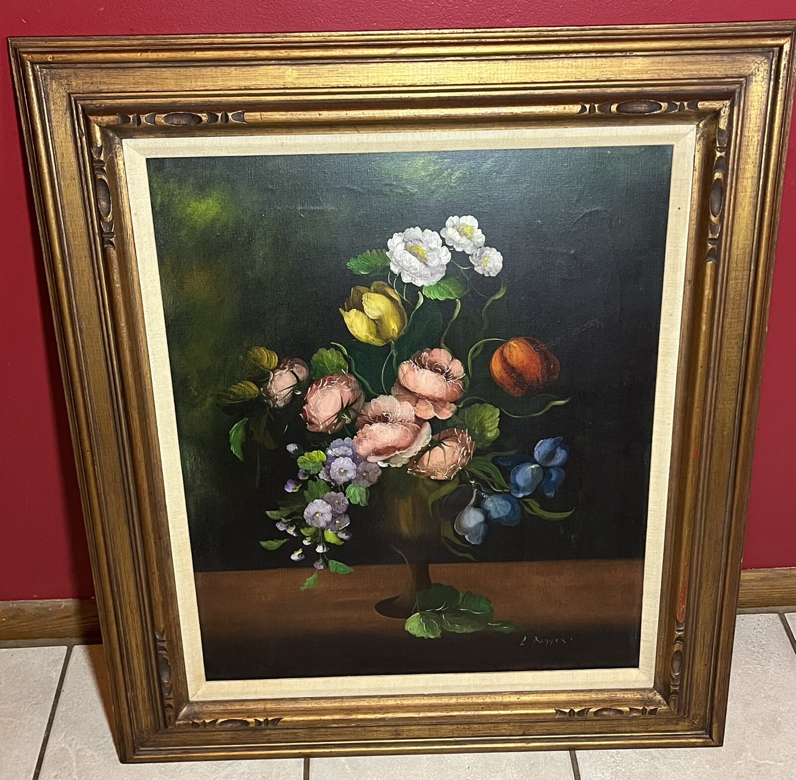Vintage L. Ruggeri Oil On Canvas Painting Still Life Floral Framed 28”x32”x3”