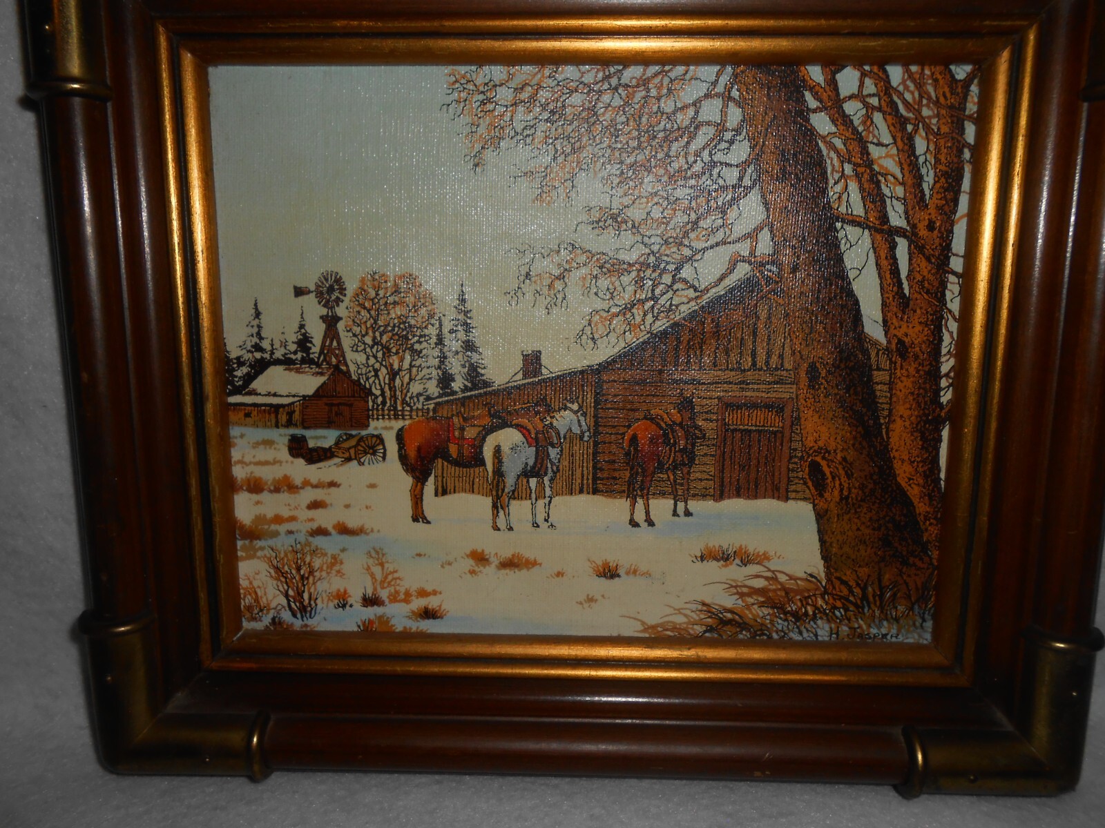 Framed – Signed H. Jasper Farm Scene With Horse Hand Painted Serigraph On Canvas