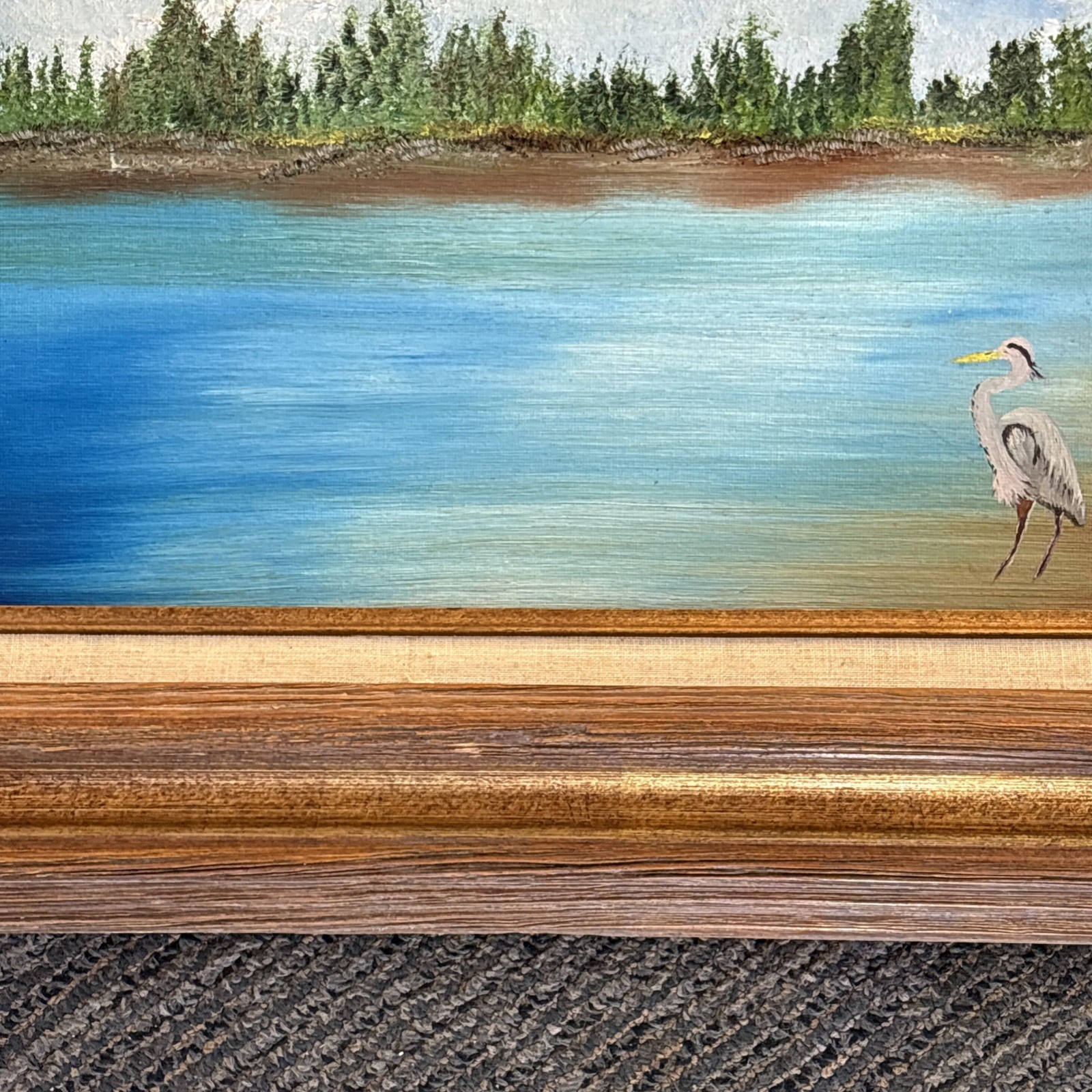 Vintage Framed Beach Landscape Painting Art Coastal Crane Fishing Wall Decor