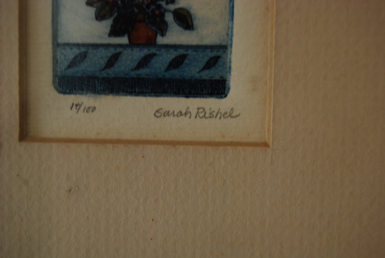 VTG FRAMED 3 MINIATURE SIGNED SARAH RISHEL COLORED ETCHING POTTED FLOWER PLANTS