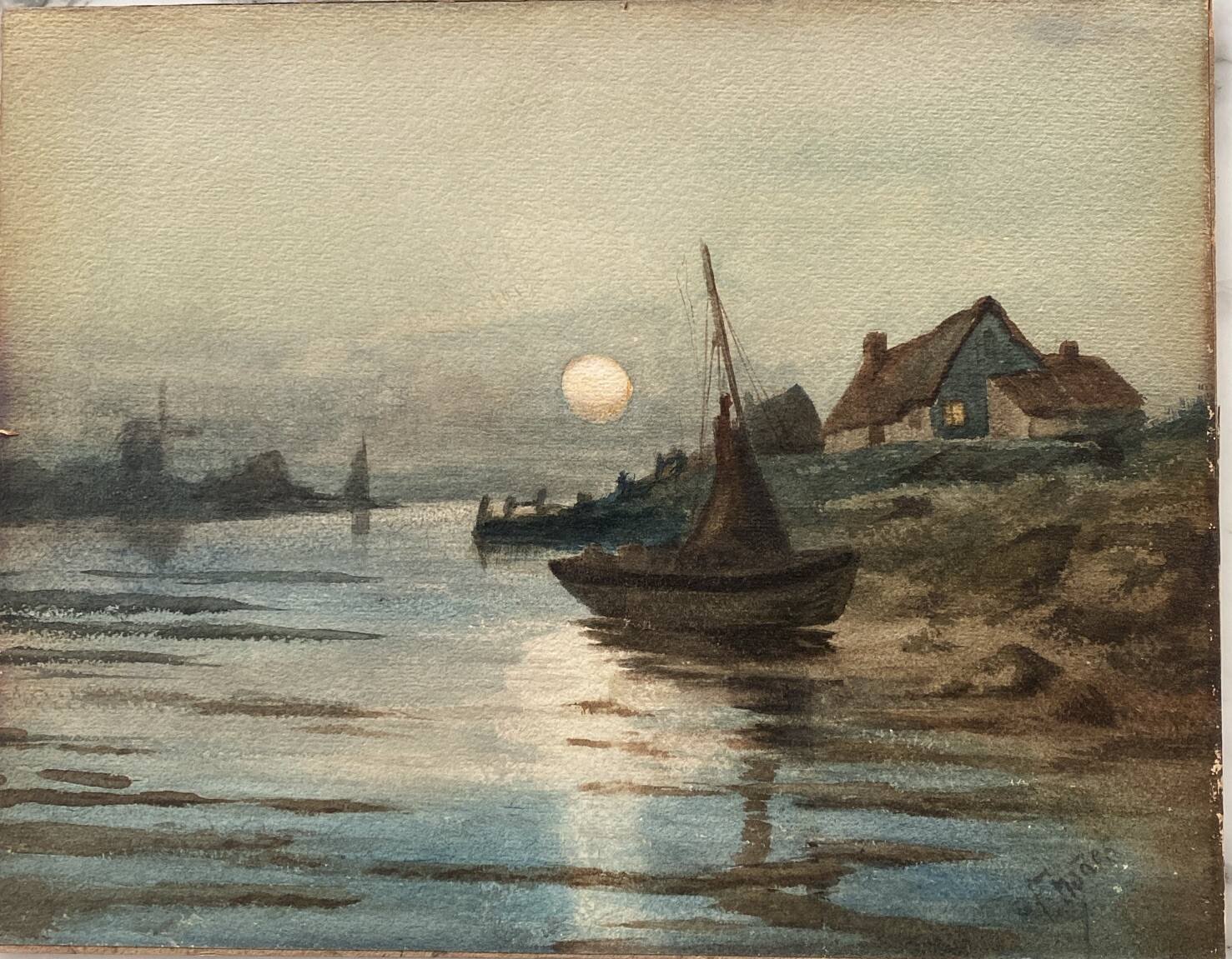 Handsome circa 1880 signed Dutch Moonscape Watercolor painting, Luminist Canal