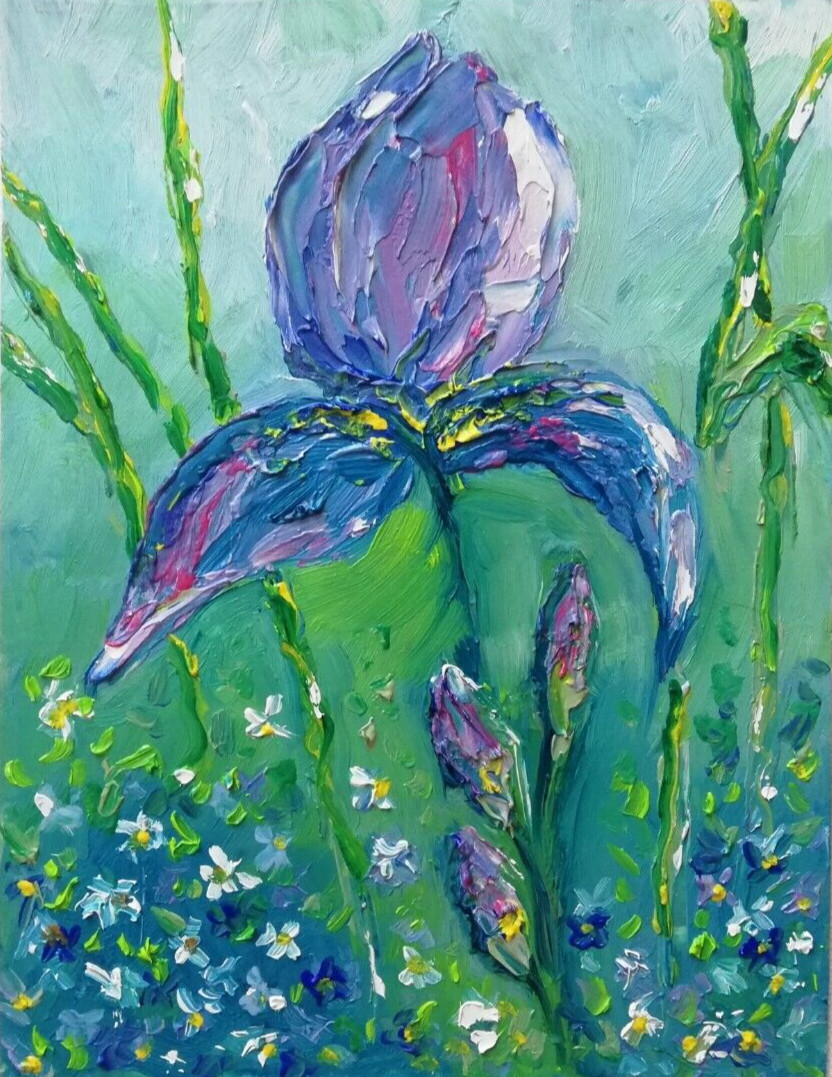 Iris Violet Flowers Abstract Oil Painting. Purple Flowers in Field. No Frame. 19×15 cm