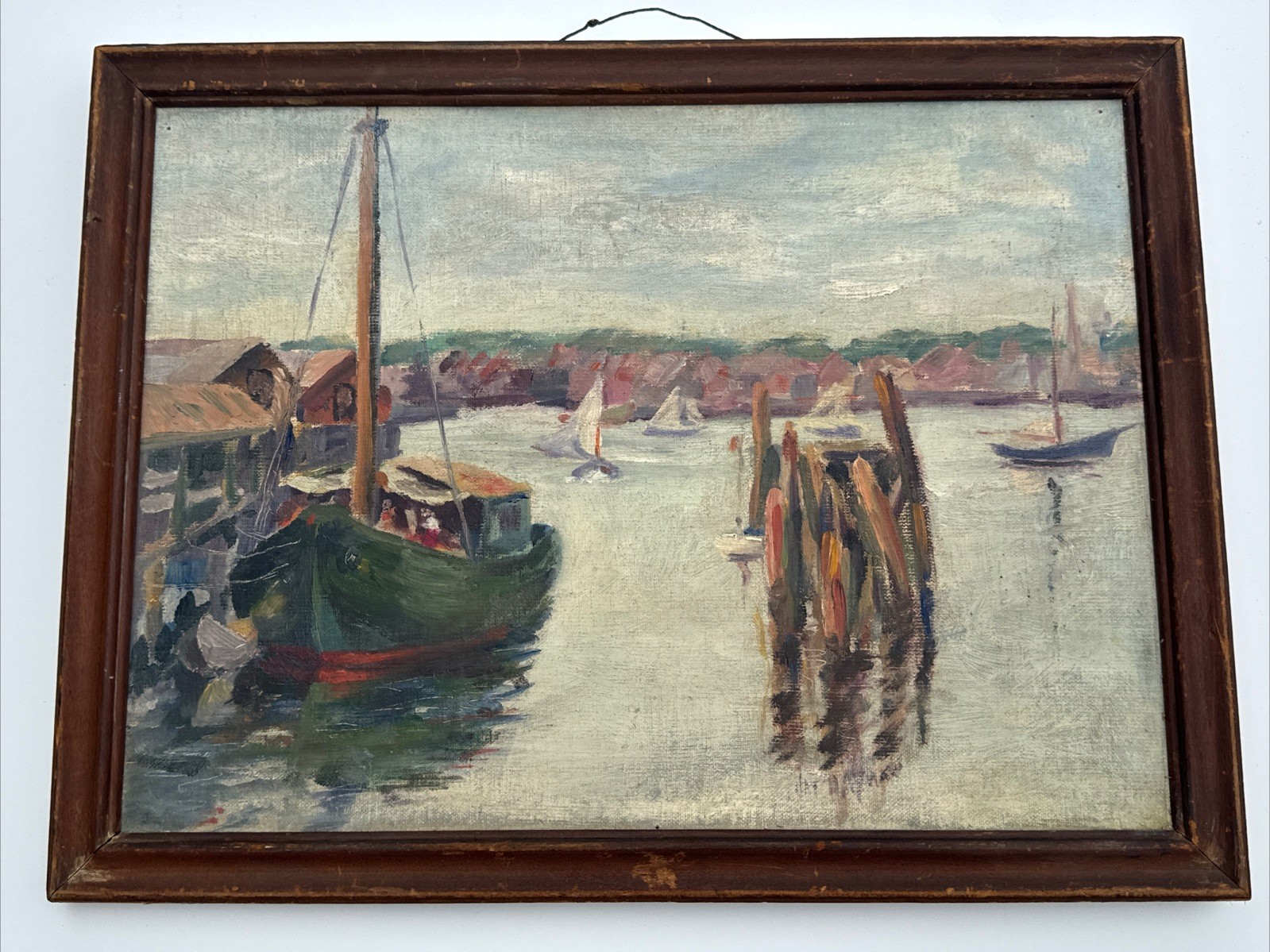 ANTIQUE PAINTING WPA ERA IMPRESSIONIST MARINA NAUTICAL EAST COAST MYSTERY OIL