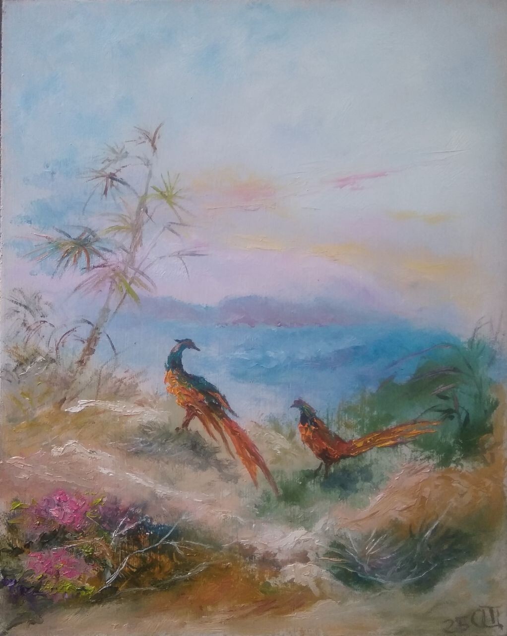 Painting «Pheasants». Oil on cardboard. 8×10 inc. Handmade. 2025. Unframed.