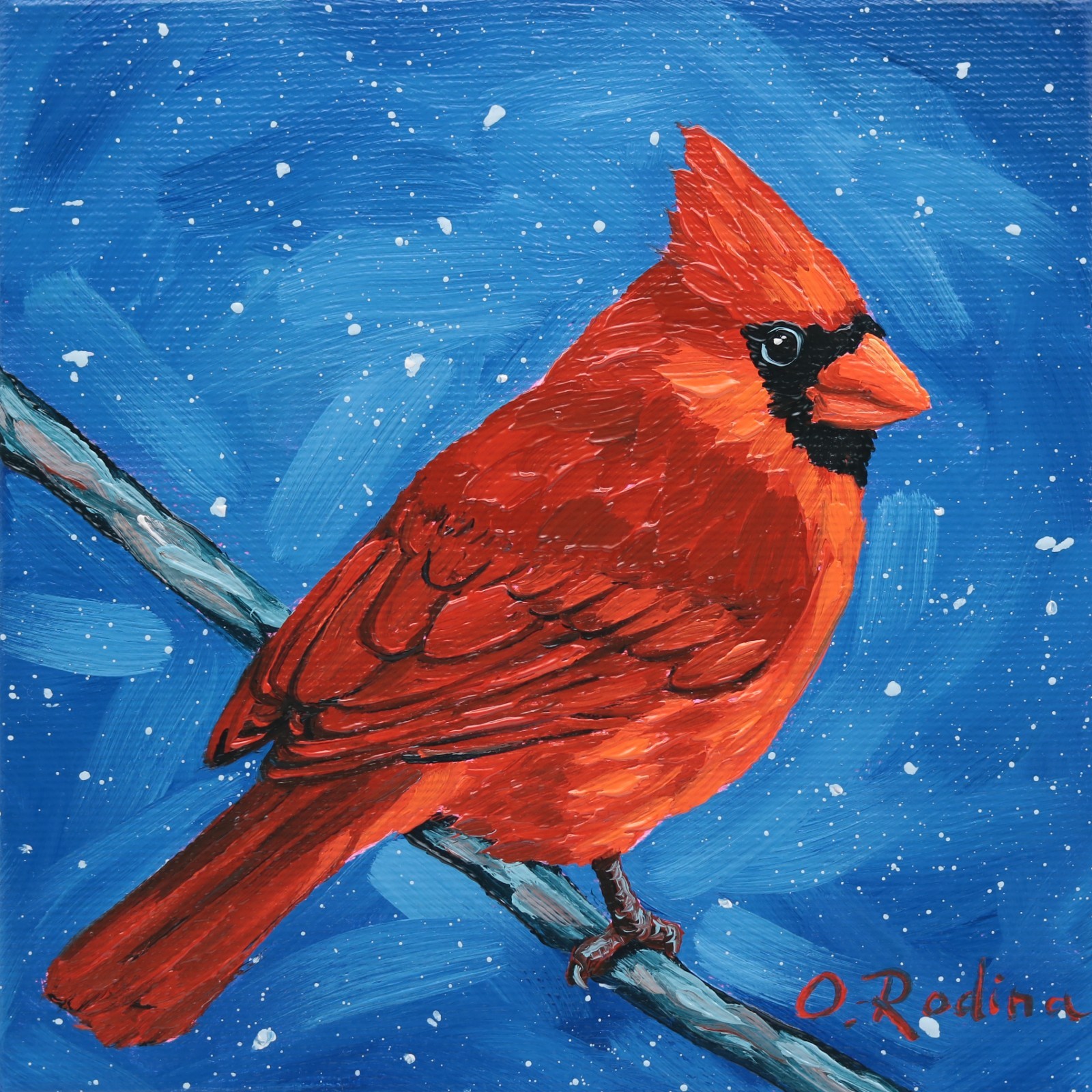 Original Oil Painting Red Cardinal 6×6 inch Bird Art on Canvas Small Art Decor