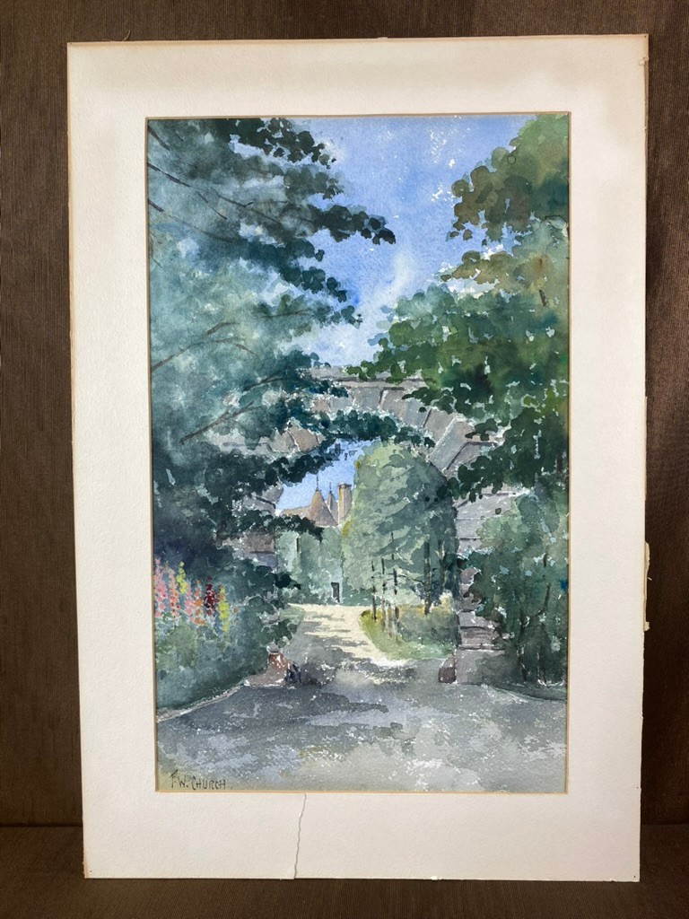 Vintage F.W. Church Watercolor Painting Stone Archway Landscape Mat Size 14×21″