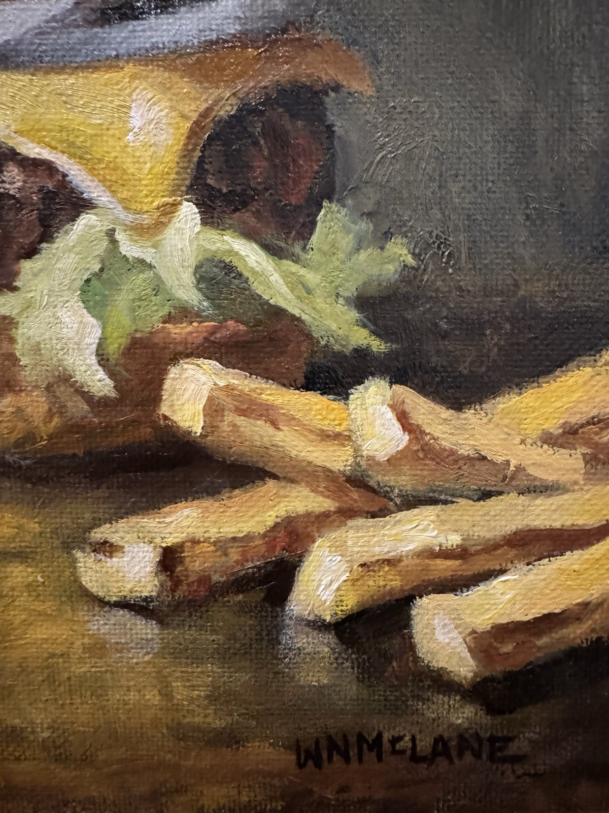 Original New Impressionist Still Life Cheeseburger Onion Fries Oil Painting