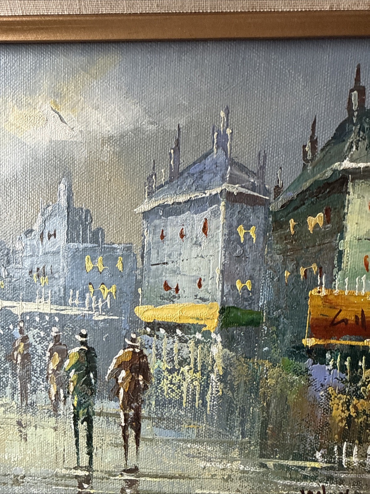 Vintage Oil Painting on Canvas Paris Street Scene Signed White Framed 17″×14″
