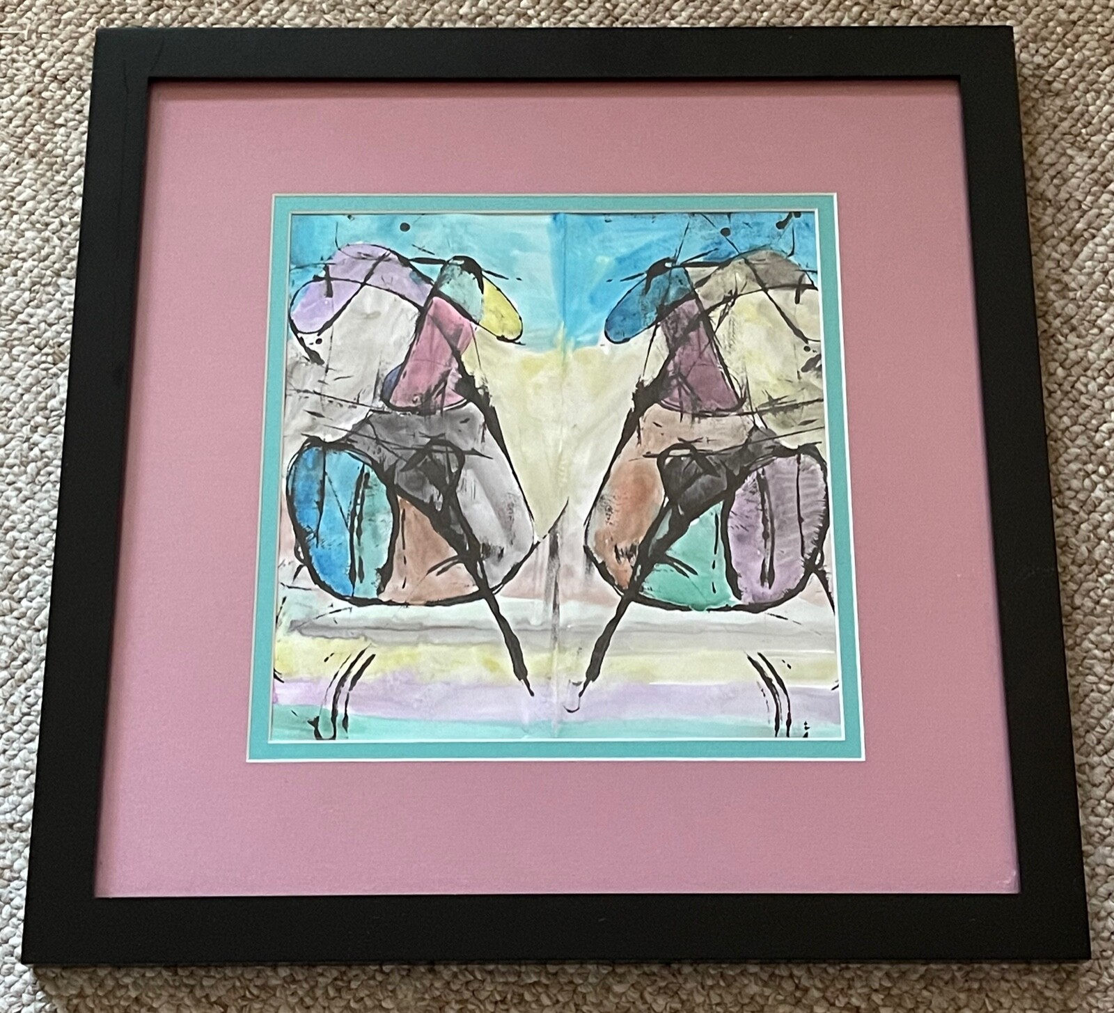 Vintage Framed Abstract Shapes Figures Watercolor Painting Modern Wall Hanging