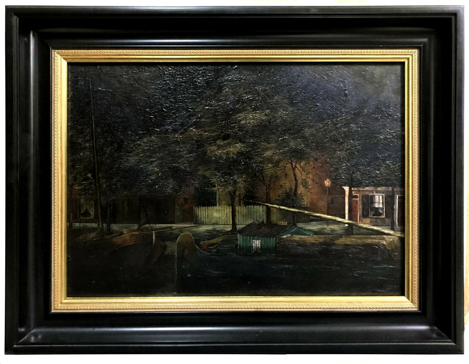 ANTIQUE OIL/PANEL Dutch ~ CANAL BARGE, AMSTERDAM ~ Night Scene PAINTING FRAMED