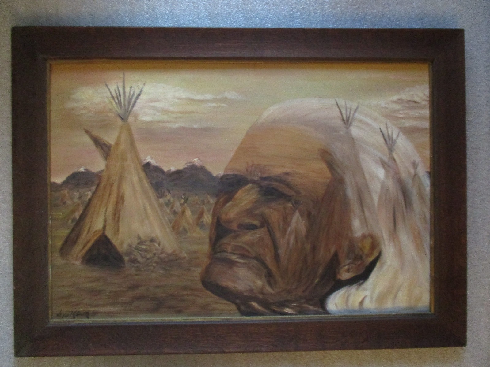 JOYCE M. CLARKE Painting of Teepee and an Elder 1971 Signed on Masonite Framed
